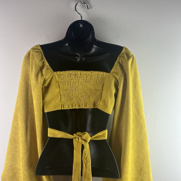 HYFVE Top Cropped Ballon Sleeve Corduroy Smocked Mustard Yellow Tie Back - Picture 7 of 10